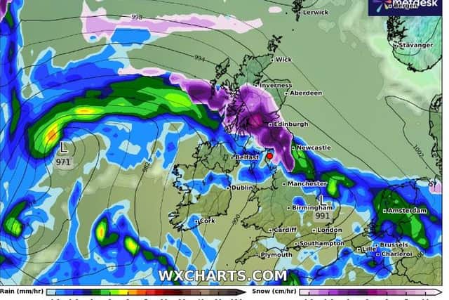 The WX Chart showing snow (purple) widespread across Scotland and Northern England on Thurdsay, February 8.