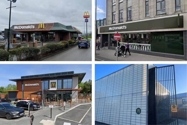(Top L clockwise): McDonald's on the Capitol Centre, Preston; on Bank Hey Street, Blackpool; delivery site only in Preston; and the store in Thornton-Cleveleys.