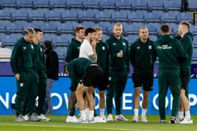 Preston North End players inspecting the pitch before the match 