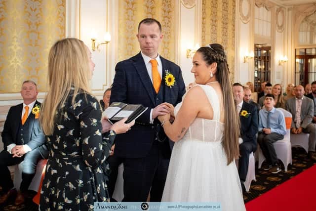 Lee Burns and Sara Smith exchange vows on their big day (Credit: Amanda Jane Photography - Lancashire)
