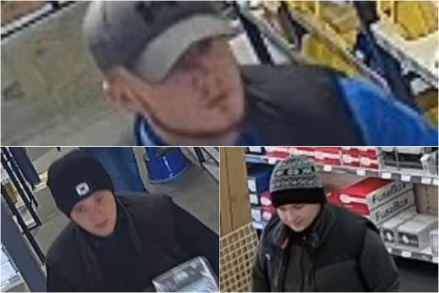 Officers want to speak to these three people after £4k worth of goods were stolen an from an electrical wholesaler in Preston (Credit: Lancashire Police)