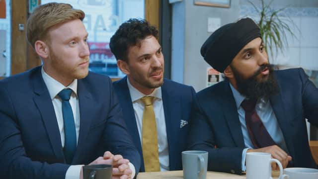 Paul Bowen (left) is pictured on episode 1 of The Apprentice series 18 alongside fellow contestants  Steve Darken (centre) and Virdi Singh Mazaria (right). 