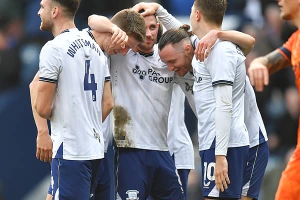 Will Keane celebrates for Preston North End after scoring against Ipswich Town. How does his transfer value stack up against his teammates? (Image: CameraSport - Dave Howarth)