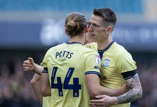 Preston North End's Brad Potts celebrates scoring with team mate Emil Riis