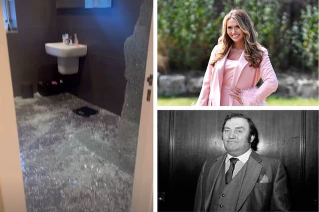 Left: the shattered shower. Top right: Charlotte Dawson. Bottom right: her late father Les. Credit: @charlottedawsy and Getty