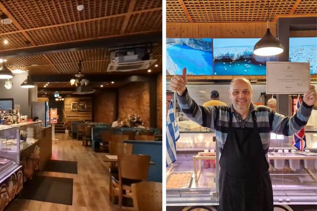 Inside Greekouzina. Right: owner Bill Karastergios with the restaurant's National Kebab Awards certificate.