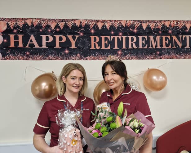 Cathy Corcoran (left) presents retirement gifts to Louise Newson, her colleague in the NHS Lancashire Bowel Screening Programme, based at Blackpool 