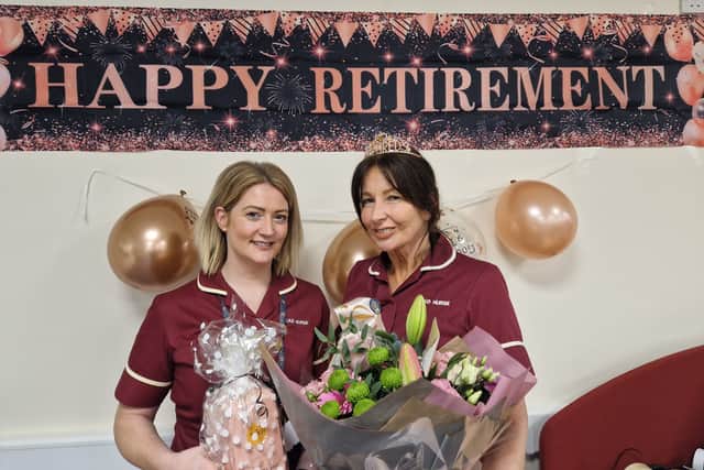Cathy Corcoran (left) with Louise Newton, her retiring colleague at the NHS Lancashire Bowel Screeening Programme at Blackpool