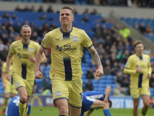 Preston North End's Emil Riis celebrates scoring his side's first goal 