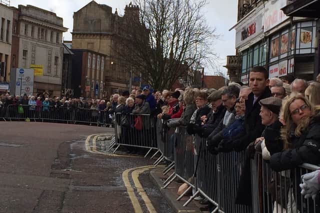Crowds gathered outside Preston Minster for the funeral of Sir Tom Finney.