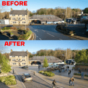 Before and after pictures of Bank Street, Rawtenstall, at the junction with Newchurch Road, showing how the renovation will look.