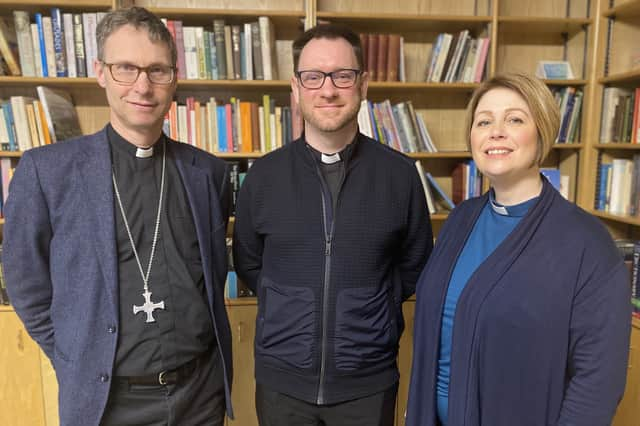 Bishop Philip, Rev. Damian and Rev. Anne filming a promotion of the new 'Fruitful' app.