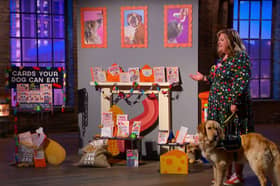 Owner of Scoff Paper Gemma Connolly, from Chorley appearing on Dragons' Den yesterday (Thursday) Golden Retriever Leo.