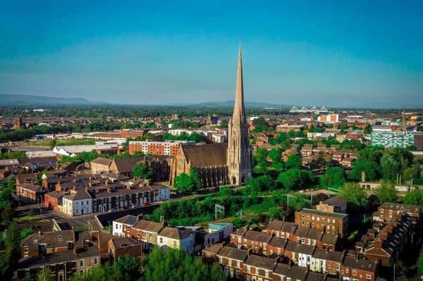 Preston from above including the stunning St Walburge's Church - the highest point in the city