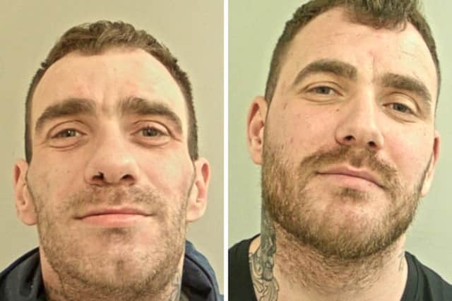 Twin thugs Desmond (left) and Darren (right) Hollinshead jailed for attacking neighbour and biting his ear off