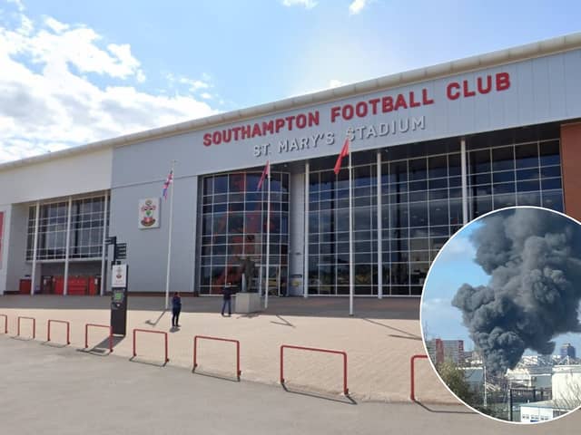 A major fire broke out near St Mary's Stadium in Southampton ahead of a match with Preston North End (Credit: Google/ Inset: Linda Martin)
