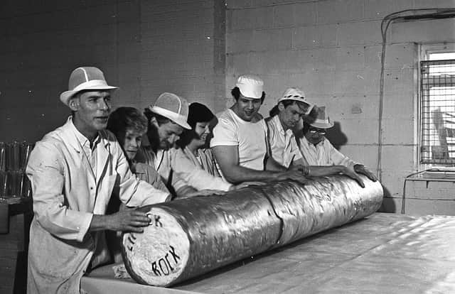 This giant stick of candy was a rock solid record. The 500lb monster was set to enter the Guiness Book of Records as the largest rock around. Nine feet, two inches long and 14 1/2 inches thick, the rock rolled off the production line at Blackpool's Fylde Confectionery Company after a marathon cooling session