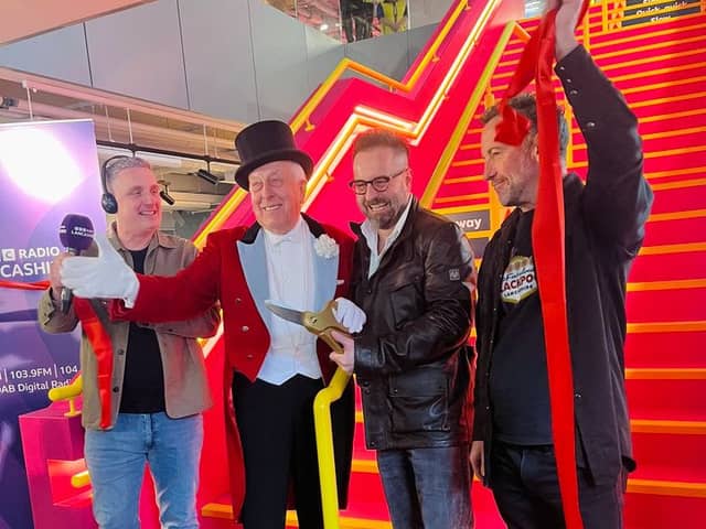 Showtown is officially open. Cutting the ribbon was Alfie Boe and the picture shows (from left)  Graham Liver from BBC Lancashire, legendary ringmaster Norman Barrett, Alfie and  Paul Zenon.