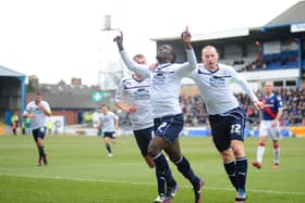 Jeffrey Monakana celebrates scoring against Carlisle in April 2013