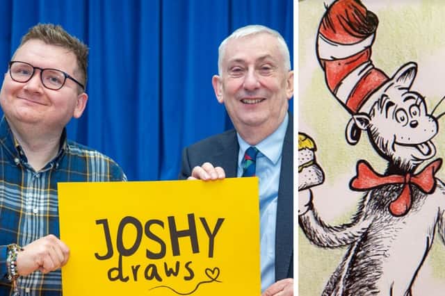 Chorley artist Josh Vosper pictured with Sir Lindsay Hoyle and a Cat in the Hat sketch (far right). 