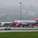 Jet2 passenger jets parked up on the runway at Leeds Bradford Airport.