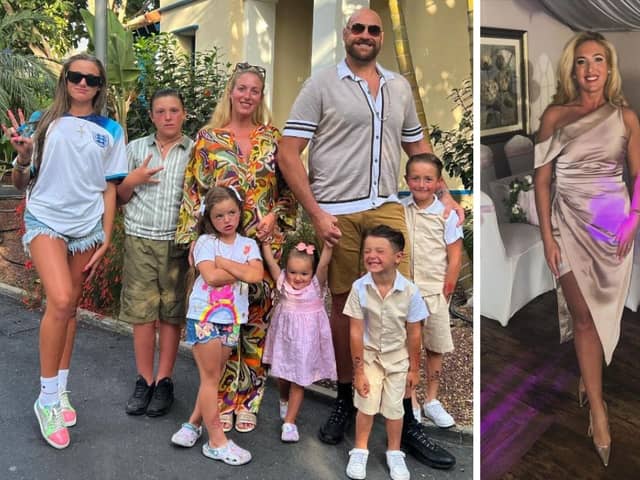 Left: Tyson and Paris Fury with six of their children. Right: the picture which prompted Tyson's pregnancy comment 