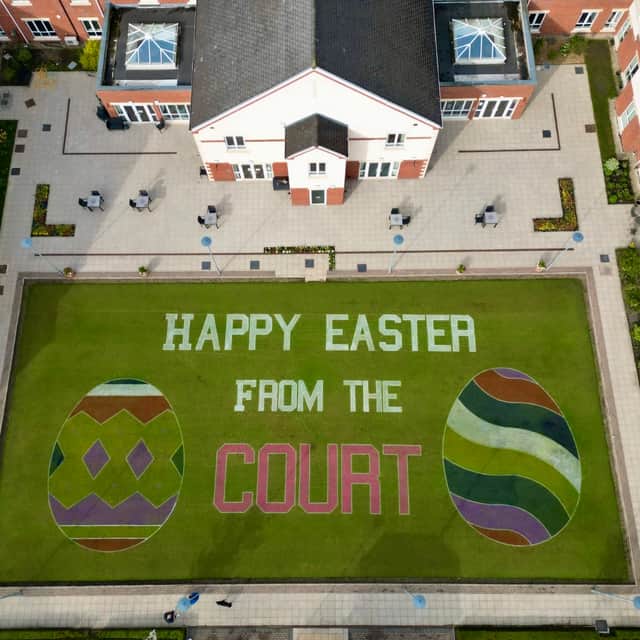 Captured from above, drone images reveal the scale and beauty of their creation. The egg design which was painted on the green symbolises the beginning of spring and the shared happiness of the Easter season.
