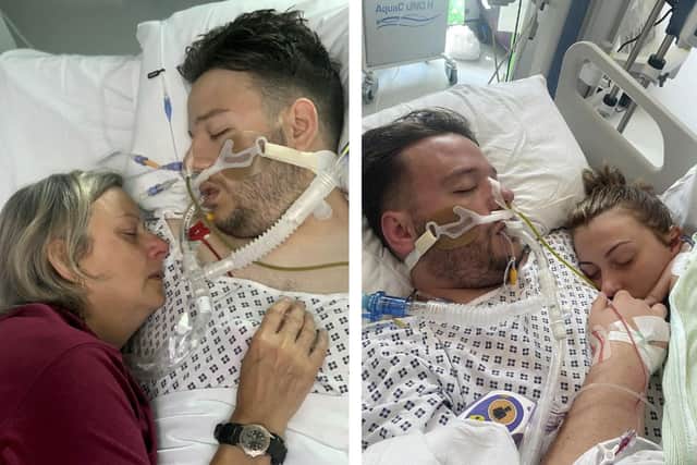 Left: Susan Haworth with her son Jack Jermy-Doyle in hospital prior to his death. Left: Jack with his girlfriend Kaitlyn Booth. 