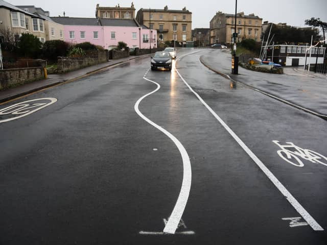 The wiggly road markings on the seafront in Clevedon, Somerset.