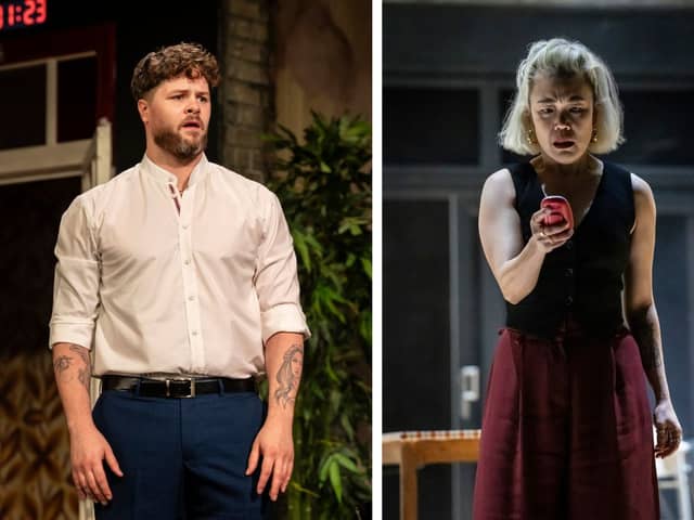 Left: Jay McGuinness as Ben in 2:22 A Ghost Story. Right: Vera Chok as Lauren.