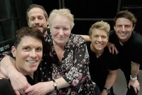 Christine Martin from Blackpool pictured with G4 members (L to R) Mike Christie, Duncan Sandilands, Jonathan Ansell and Lewis Raines (who has since been replaced by Jai McDowall).