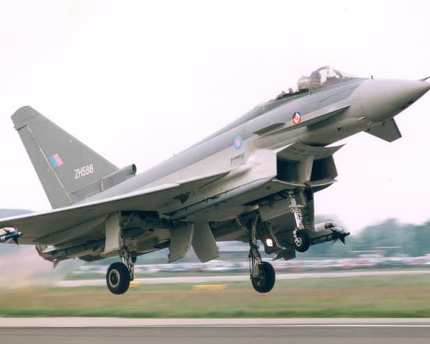 Typhoon DA2 takes off from Warton Aerodrome for its first UK test flight on April 6, 1994