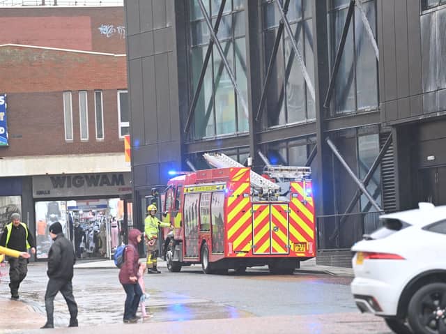 Fire brigade attend incident in Bank Hey Street, Blackpool after signs on new Showtown Museum damaged in high winds