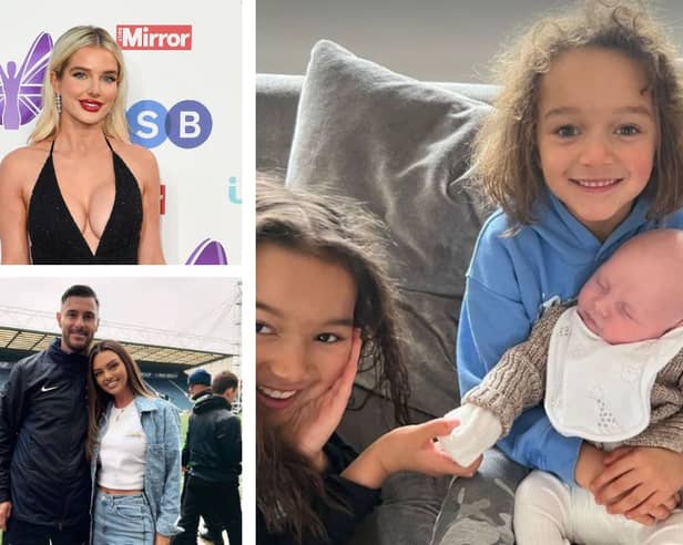 Top left: Helen Flanagan (credit Getty). Bottom left: Andrew Hughes and Kendall Rae Knight (credit @kendallraeknight on Instagram). Right: Matilda and Delilah Sinclair with Cooper Cole Hughes (credit @hjgflanagan on Instagram)