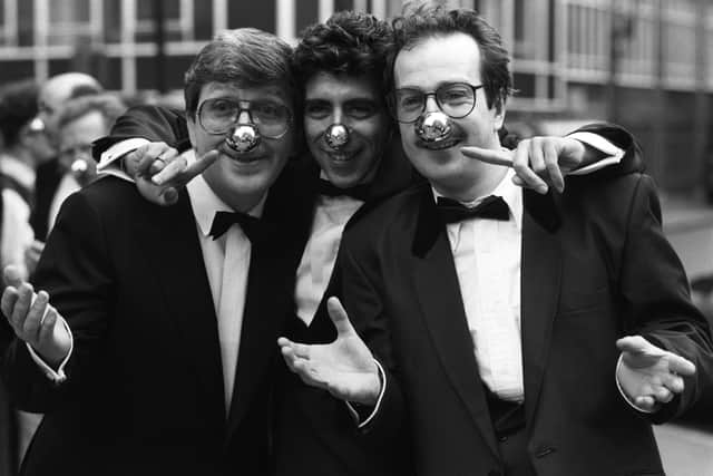 Gary with fellow BBC radio DJ's Simon Bates and Steve Wright promoting Comic Relief's Red Nose Day in 1989. (Photo by Douglas Doig/Express/Getty Images)