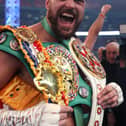 Tyson Fury celebrates victory after the WBC World Heavyweight Title Fight between Tyson Fury and Dillian Whyte at Wembley Stadium on April 23, 2022 in London, England