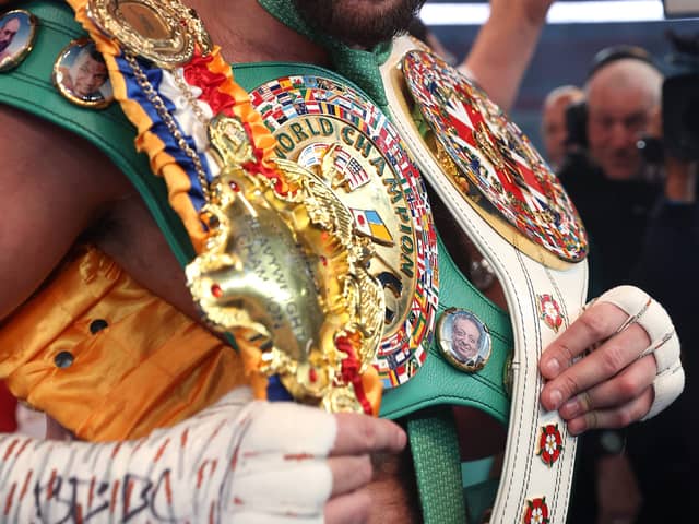 Tyson Fury celebrates victory after the WBC World Heavyweight Title Fight between Tyson Fury and Dillian Whyte at Wembley Stadium on April 23, 2022 in London, England