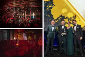 Left: two images showing the interior of a Kuckoo bar. Right: Comedian Tom Allen, Richard and Natalie Powell from Kuckoo and a representative from Kopparberg Cider at The Publican Awards.