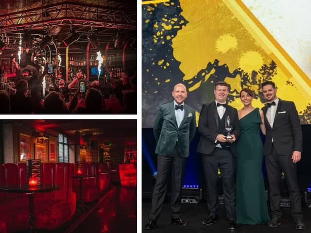 Left: two images showing the interior of a Kuckoo bar. Right: Comedian Tom Allen, Richard and Natalie Powell from Kuckoo and a representative from Kopparberg Cider at The Publican Awards.