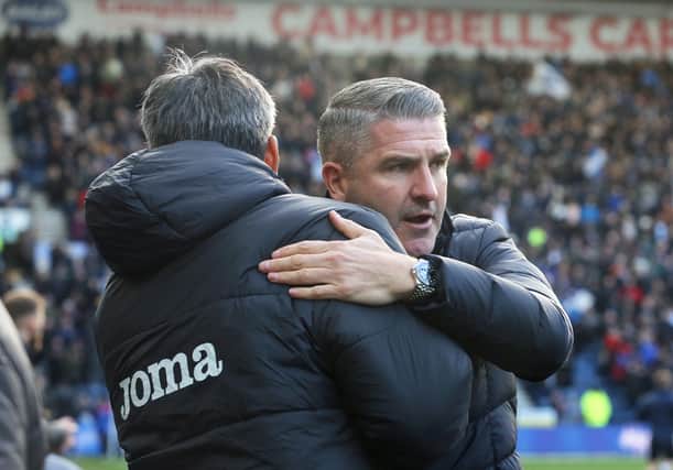 Preston North End manager Ryan Lowe greets Norwich City manager David Wagner