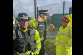Protesters gathered outside the gates the Transwaste landfill site in Jameson Road, Fleetwood this morning. Picture credit: Kye Cudlip