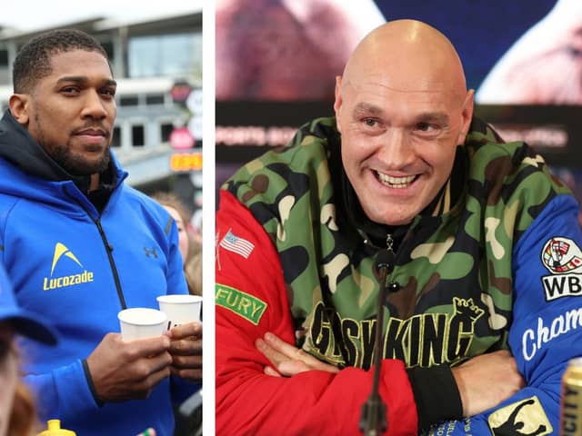 L: Anthony Joshua at the London Marathon 2024. R: Tyson Fury smiles during a press conference ahead of the Undisputed World Heavyweight title fight against Oleksandr Usyk. Credit: Getty