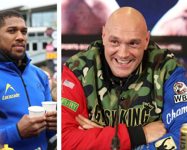 L: Anthony Joshua at the London Marathon 2024. R: Tyson Fury smiles during a press conference ahead of the Undisputed World Heavyweight title fight against Oleksandr Usyk. Credit: Getty