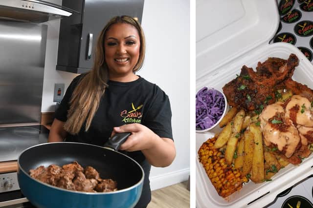L: Priya cooks some food for the Lancashire Post in 2023. R: an example of one of her takeway dishes.