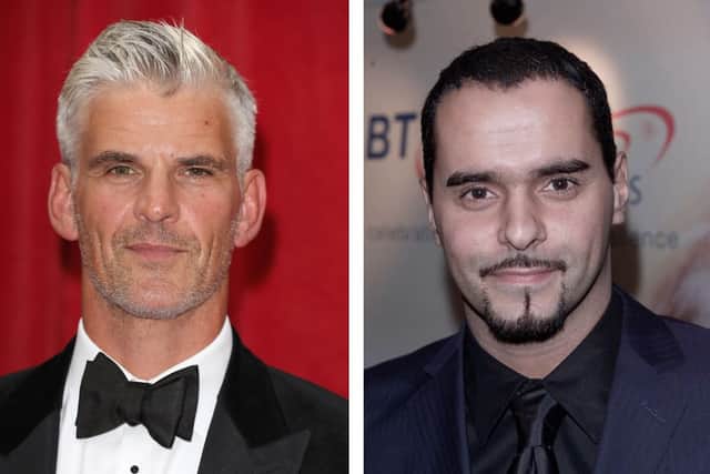 L: Tristan (who played Robert Preston between 2015-2019) at the British Soap Awards 2018. R: Michael in 2001, at which time he played Beppe di Marco in Eastenders.