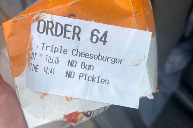 Lucie ordered a gluten-free version of the triple cheeseburger, with no bun or pickles. But she wasn't expecting to find her triple-stacked burger pattie 'swimming in red sauce'