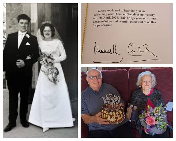 The couple on their wedding day, the card from the King and Queen, and on their 60th anniversary.