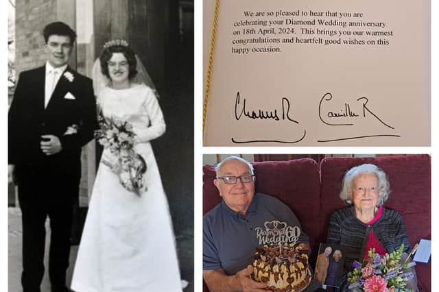 The couple on their wedding day, the card from the King and Queen, and on their 60th anniversary.