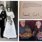 The couple on their wedding day, the card from the King and Queen, and on their 60th anniversary.
