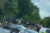 Police are currently dealing with an overturned lorry at the Chorley A6 Hartwood Hall roundabout.